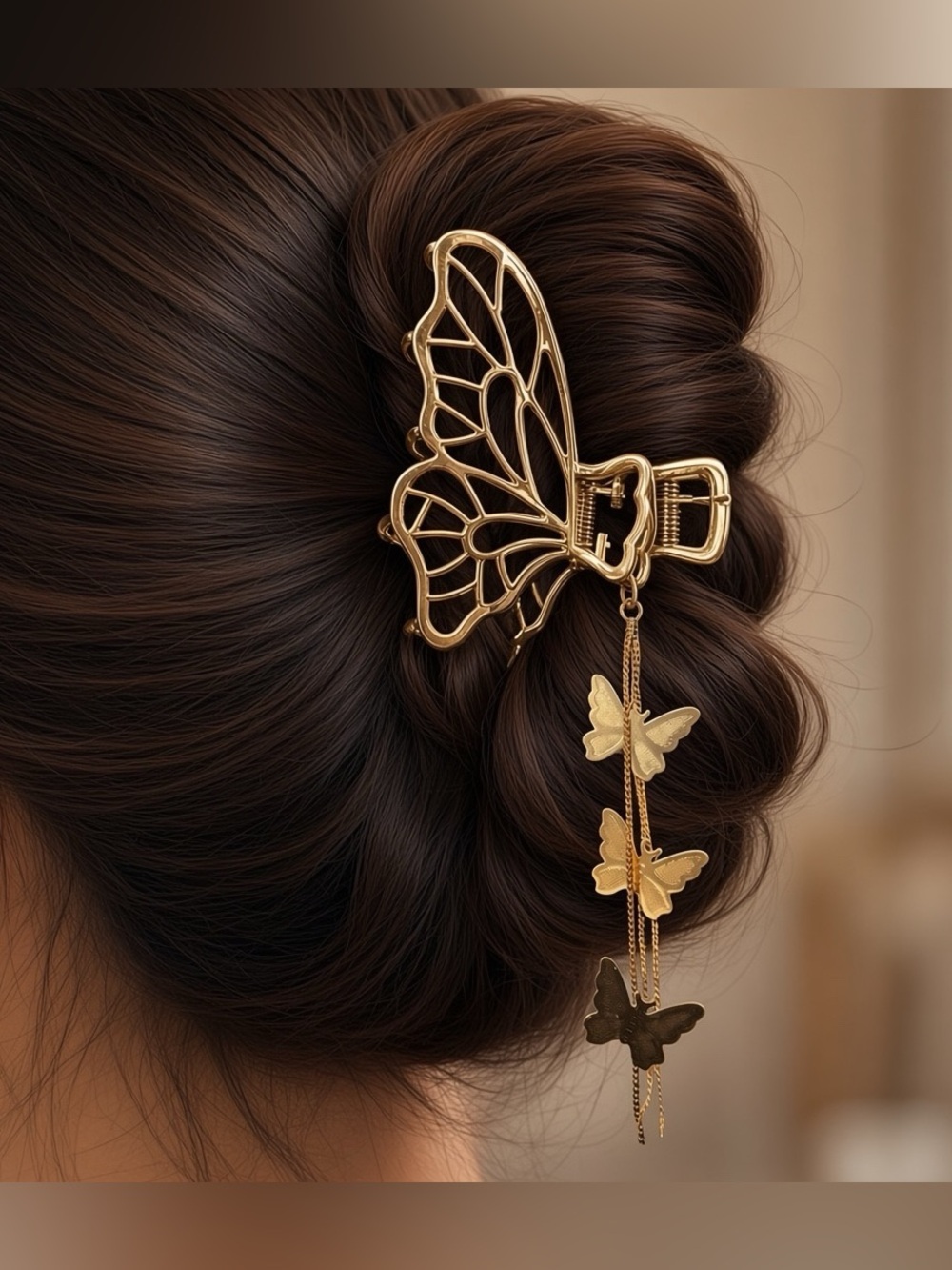 Gold Butterfly Hair Clip with Tassel Chain Butterflies Dangle - Picture 5 of 5